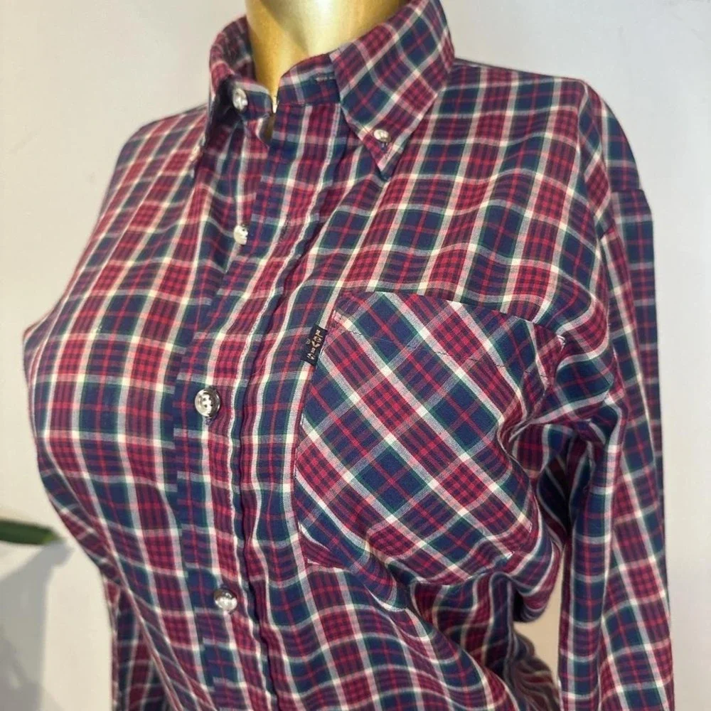Vintage‎ 80s Levi's red & blue plaid button-up shirt mens SMALL